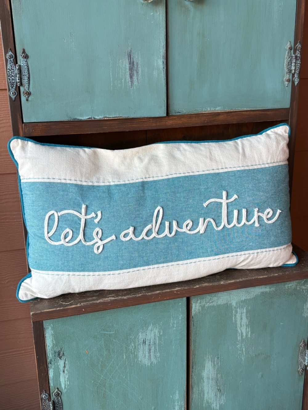 Let’s Adventure 3D Decorative Turquoise & White Accent Cabin Lake Pillow 21 X 11